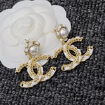Chanel White Leather & Gold Metal Drop Earrings