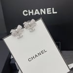 Chanel Crystal Cc Bow Drop Earrings Silver