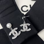 Chanel Double C Pearl Earrings Silver White