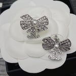 Chanel Crystal Cc Bow Drop Earrings Silver