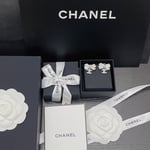 Chanel Crystal Cc Bow Drop Earrings Silver
