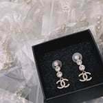 Chanel Crystal Cc Drop Earrings Gold