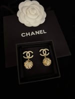 Chanel New Cc Gold Ball Crystal Pearl Drop Earrings