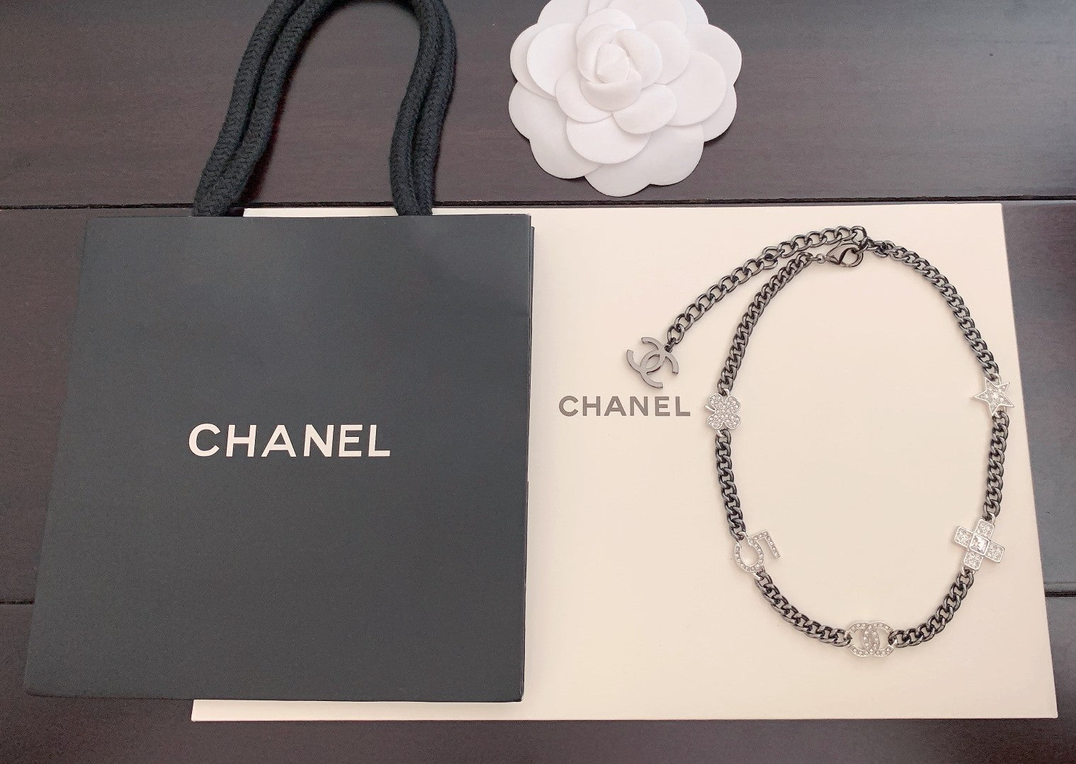 Chanel Ruthenium Crystal Chain Cc Lucky Charms Choker Silver Necklace