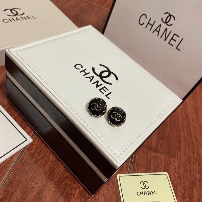 Chanel Button Black Earrings