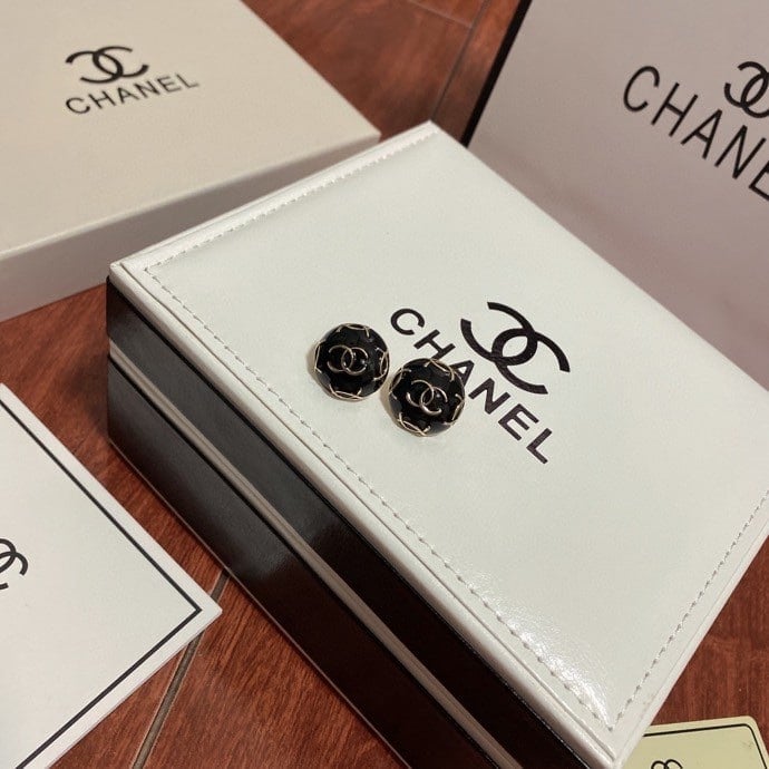 Chanel Button Black Earrings
