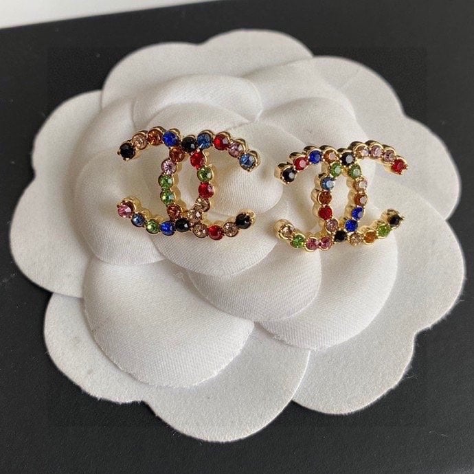 Chanel New Cc Crystal Multi Color Stud Earrings