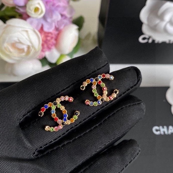 Chanel New Cc Crystal Multi Color Stud Earrings