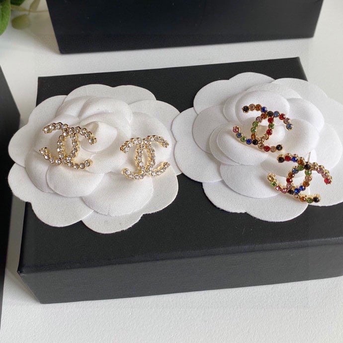 Chanel New Cc Crystal Multi Color Stud Earrings