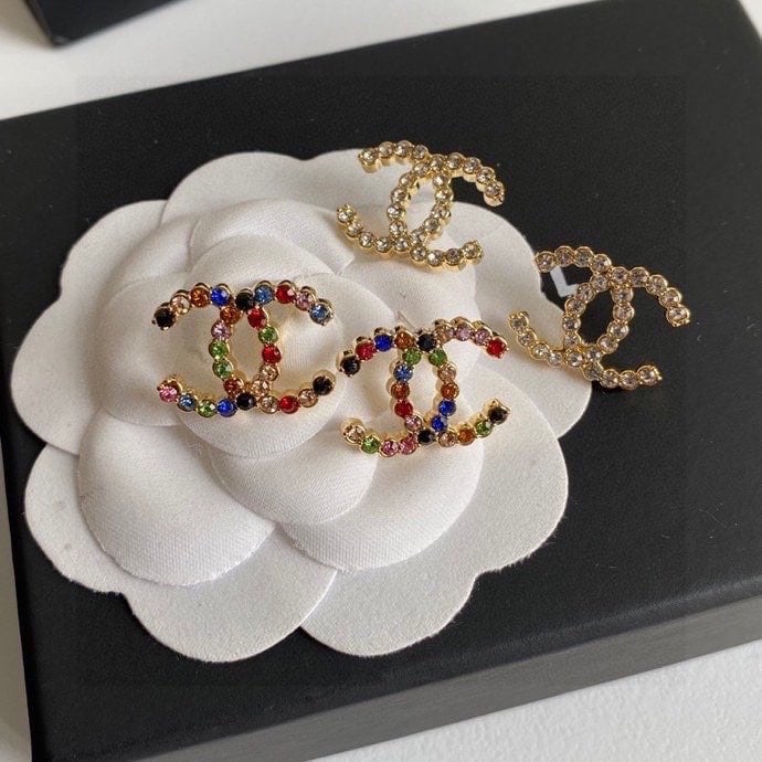 Chanel New Cc Crystal Multi Color Stud Earrings