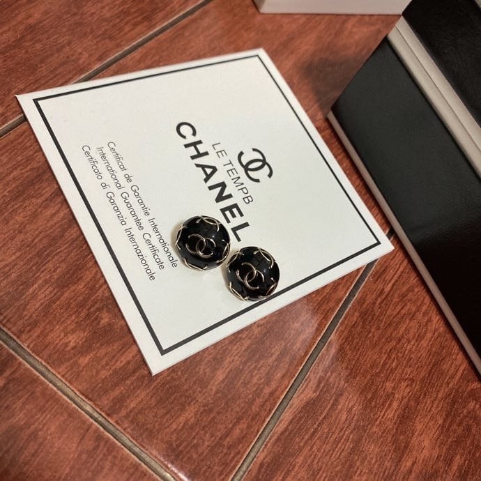 Chanel Button Black Earrings