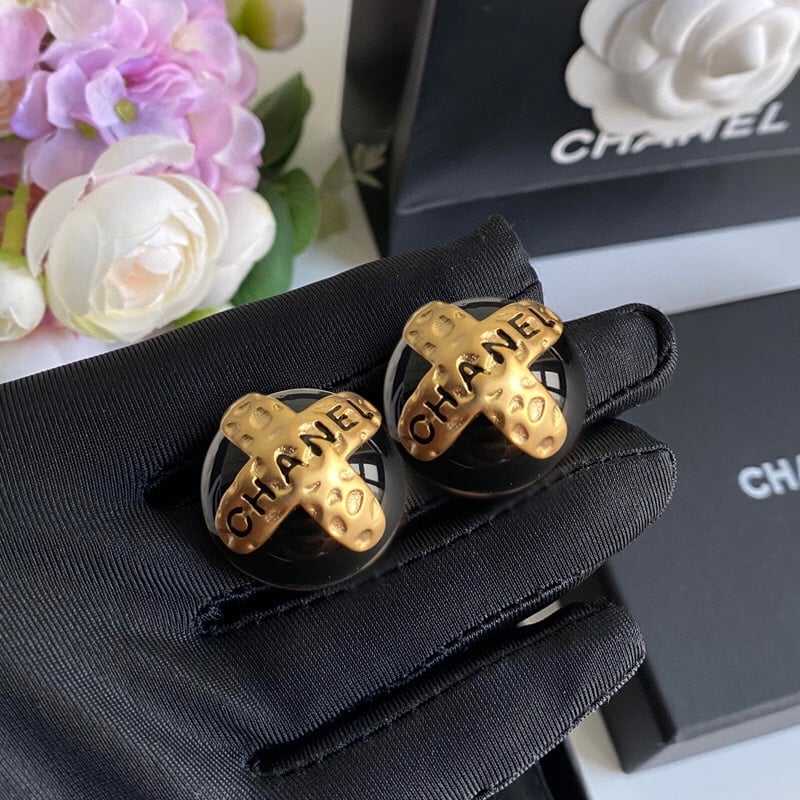 Chanel Button Black Earrings