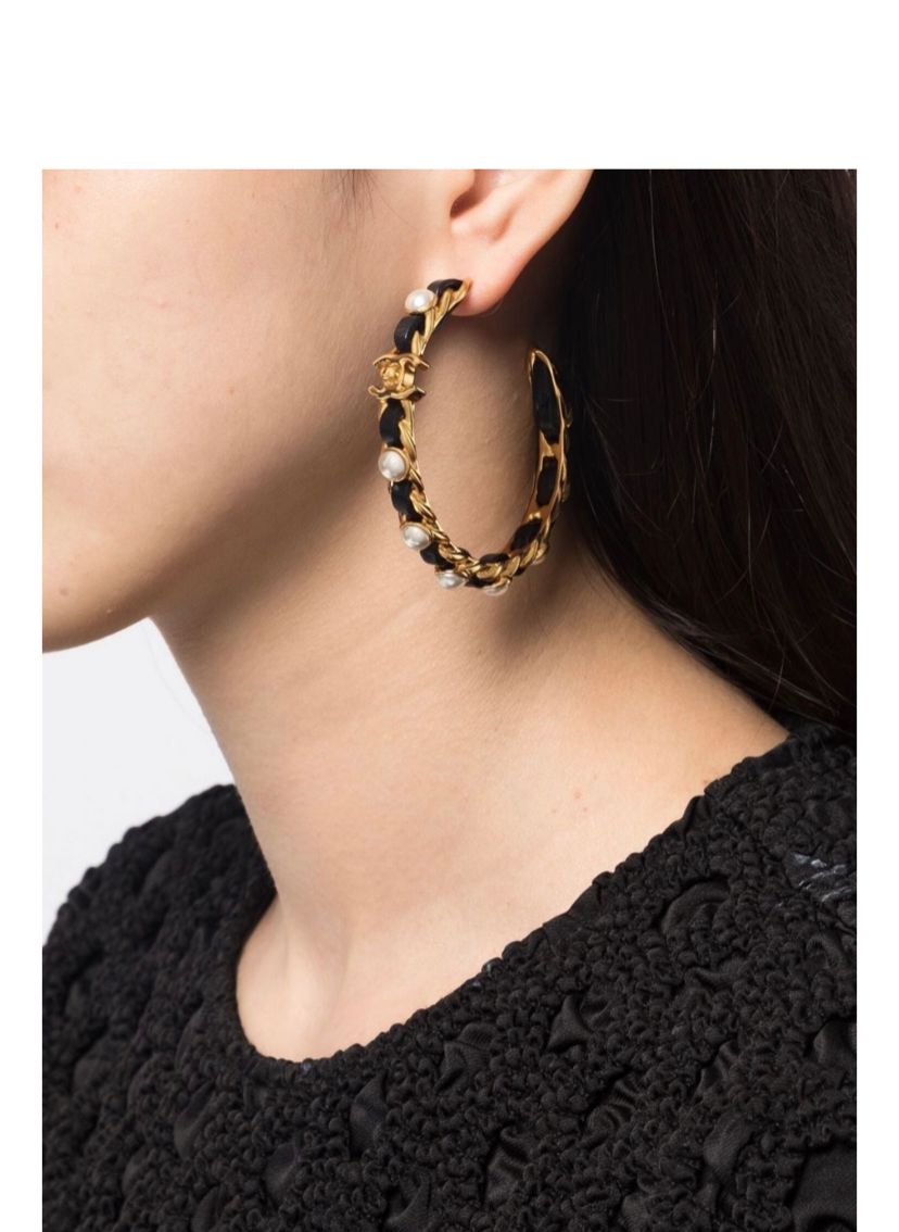 Chanel Gold &Amp; Black Metal Hoop Earrings