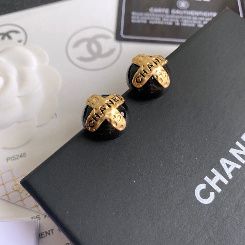 Chanel Button Black Earrings