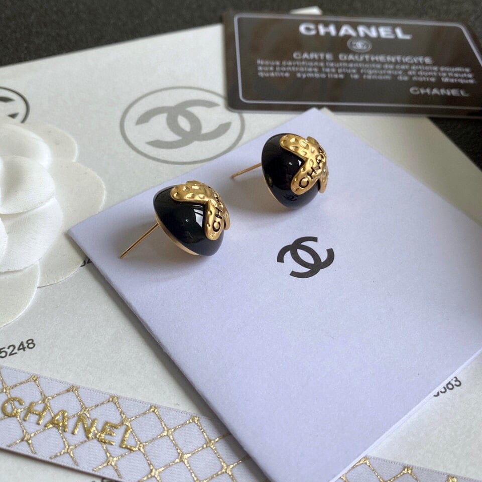 Chanel Button Black Earrings
