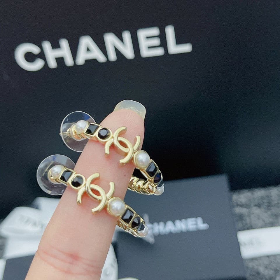 Chanel Gold &Amp; Black Metal Hoop Earrings