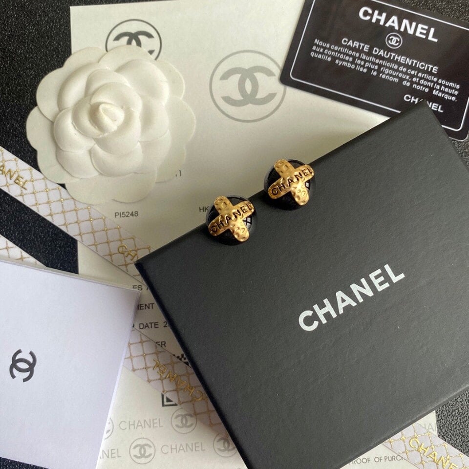Chanel Button Black Earrings