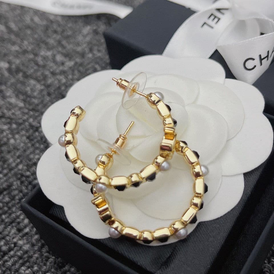 Chanel Gold &Amp; Black Metal Hoop Earrings