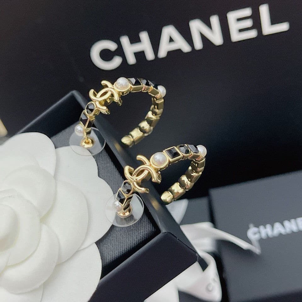 Chanel Gold &Amp; Black Metal Hoop Earrings