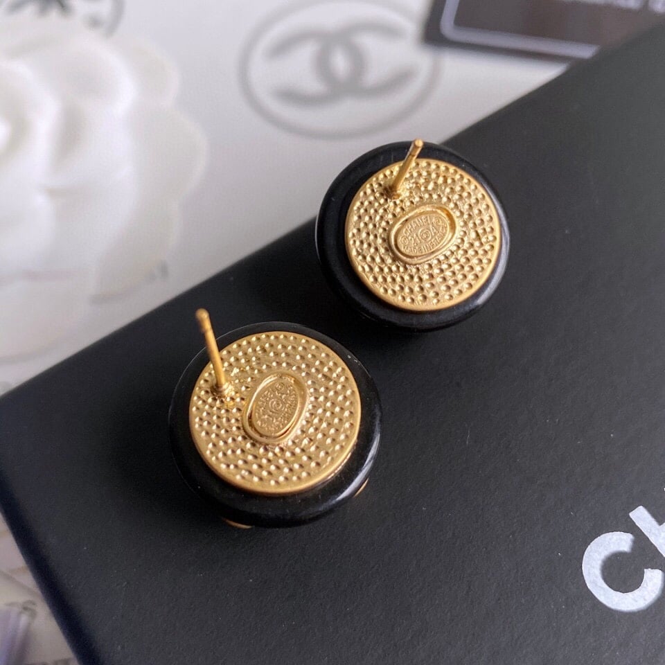 Chanel Button Black Earrings